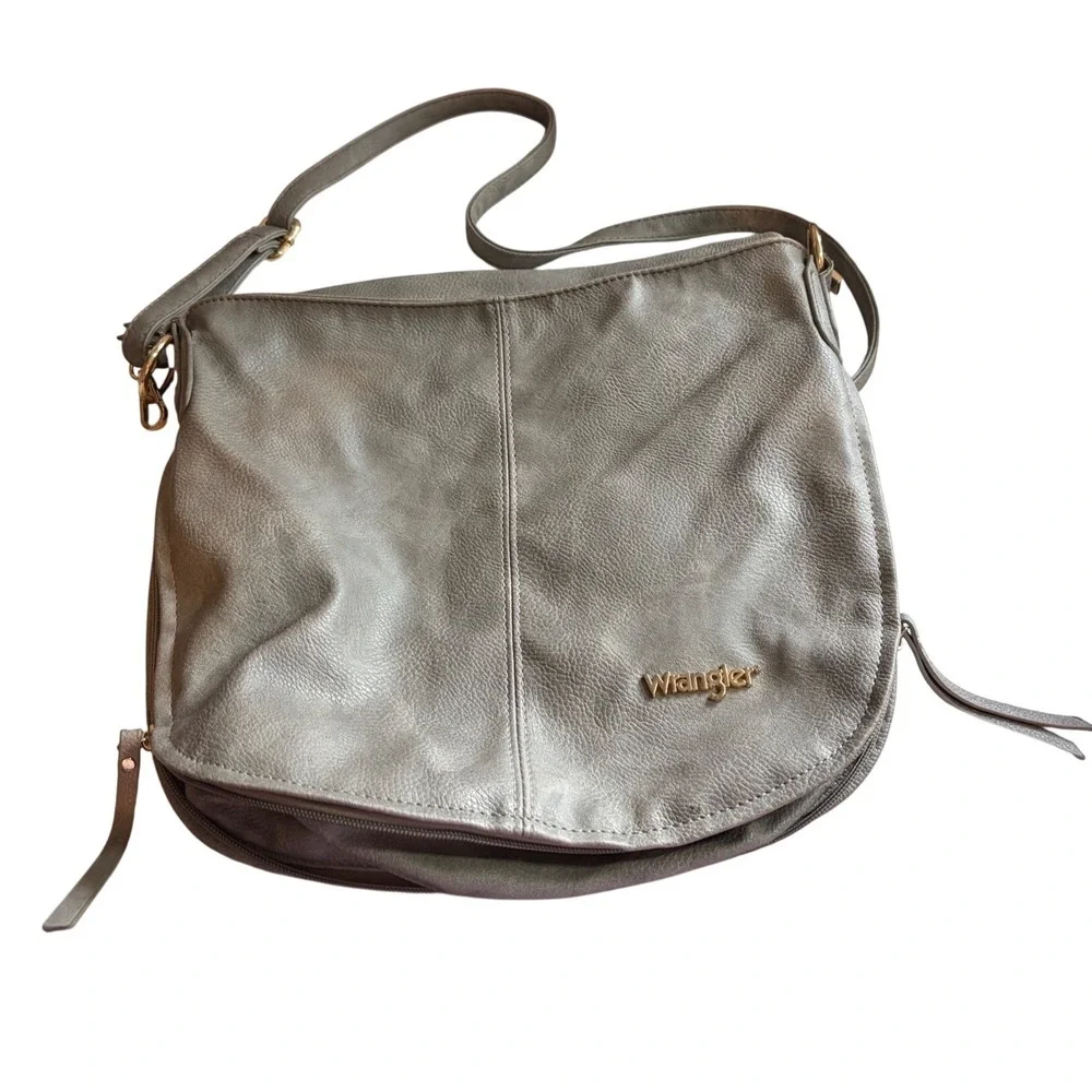 Wrangler Metallic Grey Faux Leather Crossbody Hobo Bag Gold Hardware Western